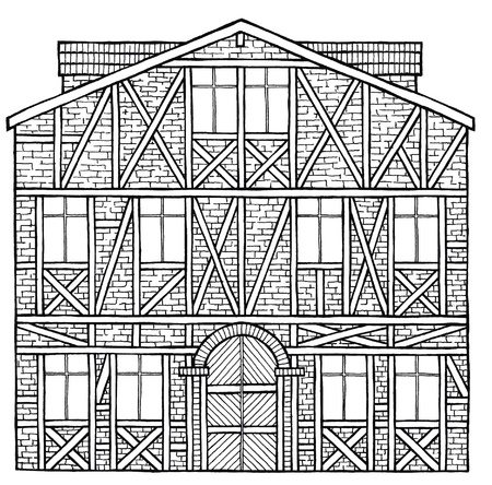 black cartoon illustration of a house at white backgroundの写真素材