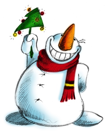 cartoon illustration of a smiling snowman with red scarfの写真素材