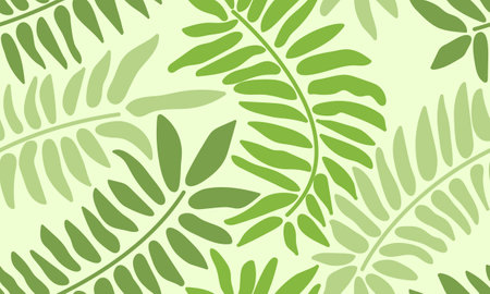 A seamless pattern of stylized tropical leaves in various shades of green, evoking a lush jungle feel.のイラスト素材