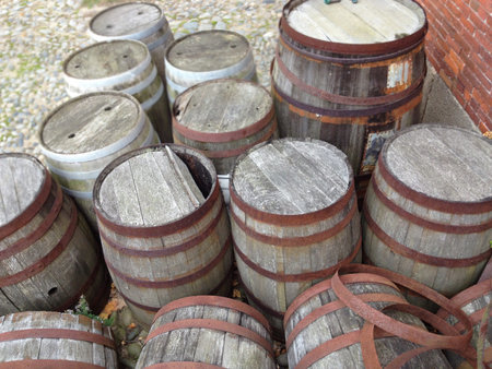 Pile of old wooden barrels