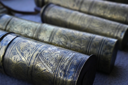 Selective focus of brass grindersの写真素材