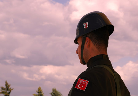 Ankara/Turkey - May 19 2018: Portrait of a young turkish soldier standing at the guard post in Ataturk Kemal's mausoleum. Mustafa Kemal Ataturk are founder of the Republic of Turkeyのeditorial素材