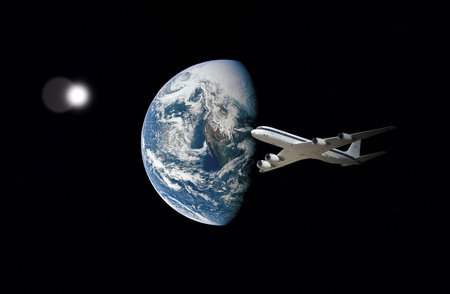Global aviation  with airplanes over the earth. Jet lag - confusion during travelling by plane....