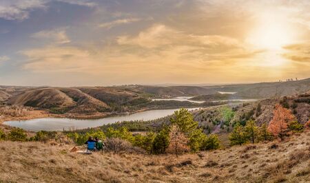 Panoramic view of Eymir Lake in the sunset, Ankara, Turkeyの写真素材