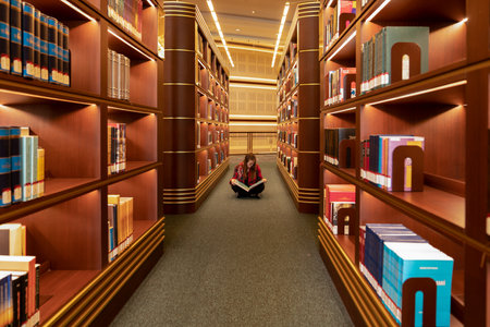 Ankara/Turkey - February 29 2020:  Student girl sitting on the floor among  shelves in Millet library in front of the bookshelf and reading book. Millet library opened recently.のeditorial素材