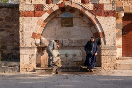 Hacibektas ,Nevsehir/Turkey-October 27 2019: A fountain near Haci Bektas-i Veli Tomb and Museum