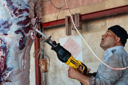 Ankara/Turkey-August 08 2019: Male butcher using chainsaw to cut hanging meat in a slaughterhouse.のeditorial素材