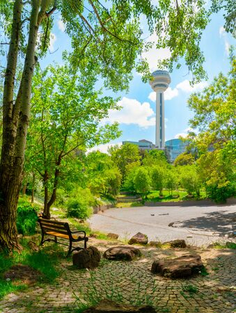 Botanical Garden and Atakule in background in the spring, Ankara, Turkeyの写真素材