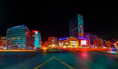 Ankara/Turkey-March 10 2019:  Panoramic view of Kizilay square and skyscraper in the nightのeditorial素材