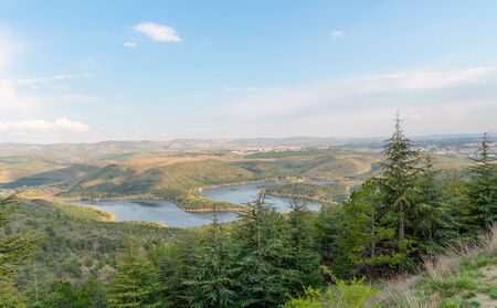 Panoramic view of Eymir Lake in the sunset, Ankara, Turkeyの写真素材