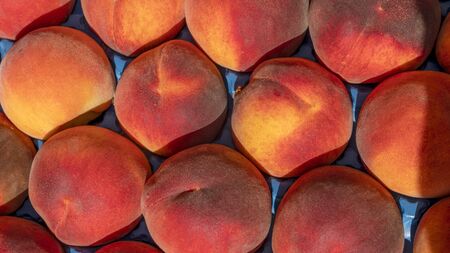 Peaches close-up. Organic peaches in pile of farmers market. Peach harvest heap. Healthy vegan raw snack. Clean eating concept.の写真素材