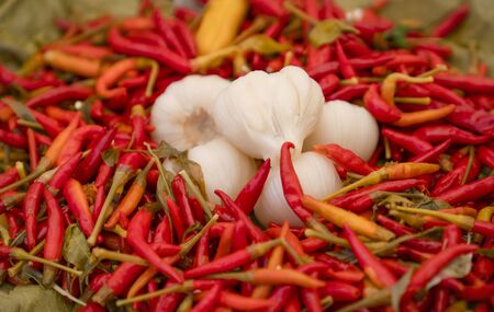 Garlic and red pepper together.の写真素材
