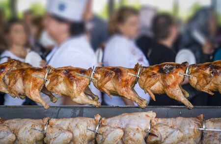 Many roasted chickens in a row in culinary and tourism Festival in Mengen, Bolu, Turkey.の写真素材