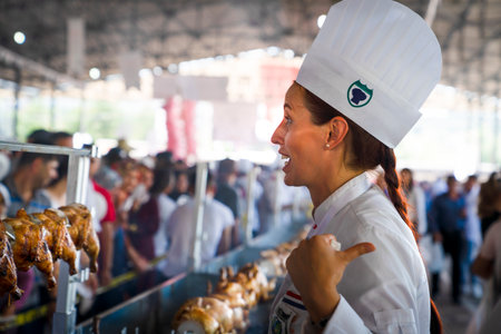 Mengen, Bolu/Turkey - August 03 2019 :  34 nd Mengen Culinary and Tourism Festival (34. Mengen Ascilik ve Turizm Festivali in Turkish).  Longest chicken flipping Guinness record attempt. Free chicken.のeditorial素材