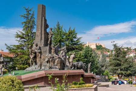 Kastamonu / Turkey - August 04 2019: Kastamonu city center (downtown) with monument.のeditorial素材