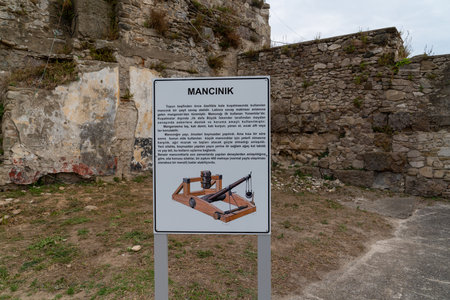 Sinop/Turkey - August 04 2019: Chart of catapult in old Sinop Fortress Prison, (Turkish: Sinop Kale Cezaevi) was a state prison situated in the inside of the Sinop Fortress.のeditorial素材