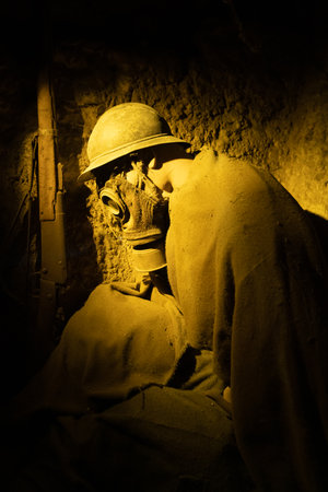 Soldier in gas mask in underground to protect from nuclear war.のeditorial素材
