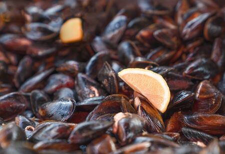 Delicious stuffed mussels (midye dolma) background, texture. Selective focus.の写真素材