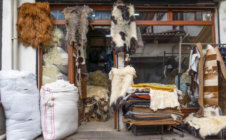 Facade of a wool and leather shop, Ankara, Turkeyの写真素材