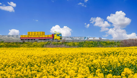 Ankara/Turkey-April 24 2019: Yellow canola fields with beautiful panoramic view and and a yellow...