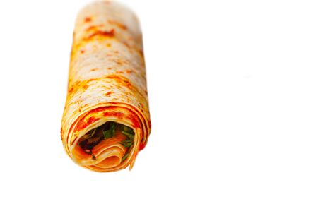 Hatay tavuk durum (chicken wrap), Hatay tepsi kebabÄ± (tray kebab- not cooked yet) in Hatay, Turkeyの写真素材