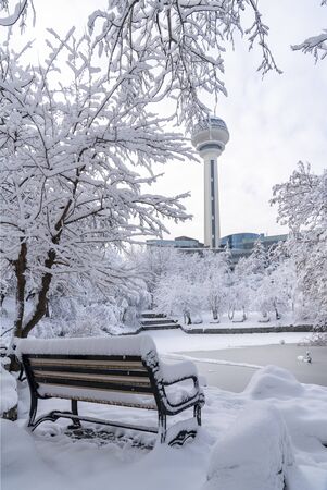 Atakule view from botanical garden under snowの写真素材