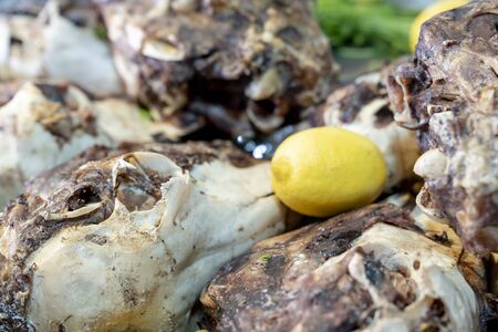 Roasted sheep heads (kuzu kelle paca) at a restaurant in Ankara, Turkey, selective focusの写真素材