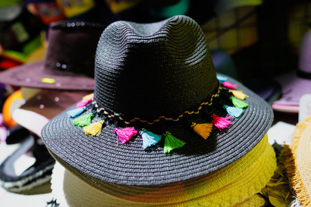 Beautiful hats for ladies for sale at market.の写真素材