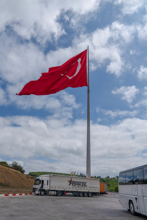 Kavak, Samsun / Turkey - August 09 2019: Turkey's largest Turkish flag in a gas station in city of Kavakのeditorial素材