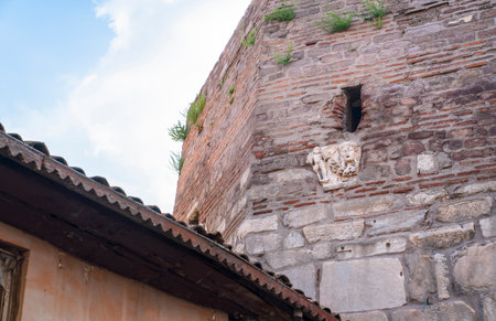 Ankara/Turkey-July 06 2019: Old stone structures and sculpture used in the wall of Ankara Castleのeditorial素材