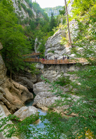Kastamonu/Turkey-June 30 2019: People walking path to and enjoy Horma Canyon in Kure Mountains National Park, Kure Daglari Milli Parkiのeditorial素材