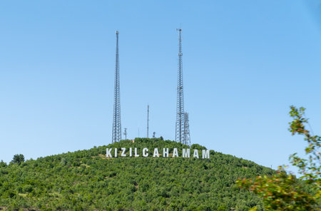Kizilcahamam, Ankara/Turkey - June 07 2020: Giant 3D letters city name sign of Kizilcahamam City on hillのeditorial素材