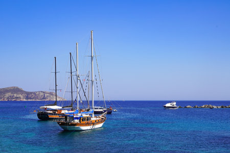 Knidos Ancint City, Mugla, Turkey - August 08 2018: Boats in ancient bay of Knidos, Datca Peninsulaのeditorial素材