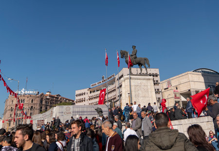Ankara/Turkey- October 29 2018: People with Turkish flag near "Statue of Mustafa Kemal Ataturk" in Ulus during 29 October Republic Day celebration of Turkey, Cumhuriyet Bayramiのeditorial素材