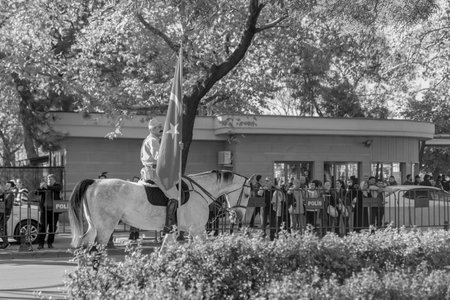 Ankara/Turkey- October 29 2018: Turkish mounted troops holding flag in old style military uniform pass during parade of 29 October Republic Day celebration of Turkey, Cumhuriyet Bayramiのeditorial素材