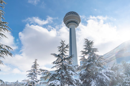 Ankara/Turkey-December 13 2018-Atakule tower in winter time and trees under snow in Botanic Park.のeditorial素材