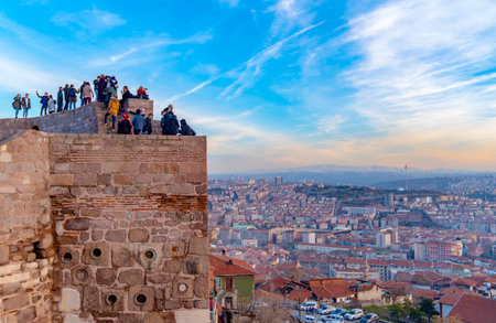 Ankara/Turkey-February 02 2019: Cityscape view from Ankara Castle in the sunset and people enjoying on the top of the castleのeditorial素材