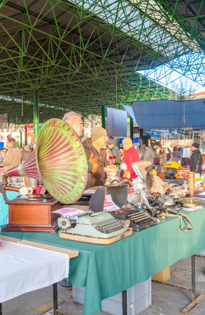 Ankara/Turkey-February 03 2019: Various antique jars, jugs, pitchers at flea market, Ayranci Antika Pazari, antique bazaarのeditorial素材