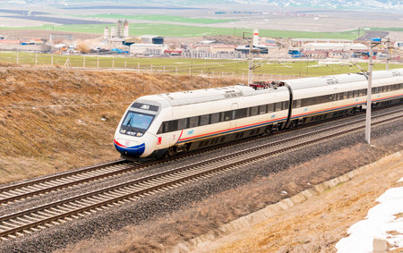 Polatli, Ankara, Turkey - January 12 2019: High speed train of TCDD on the way goes to Ankara from Istanbulのeditorial素材