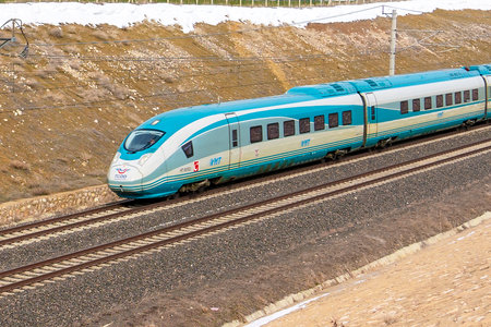Polatli, Ankara, Turkey - January 12 2019: High speed train of TCDD on the way goes to Istanbul from Ankaraのeditorial素材