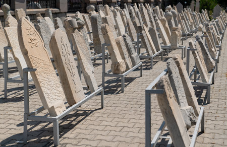 Aksehir, Konya/Turkey- July 18 2020:  Old gravestones on display. Tombstones exhibition.のeditorial素材