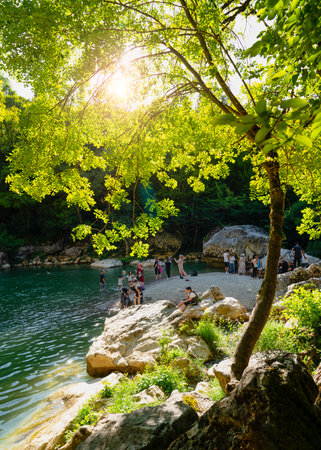 Pinarbasi, Kastamonu / Turkey-July 11 2020: People enjoy in waterfall. Ilica waterfallsのeditorial素材