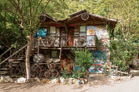 Olimpos, Antalya/Turkey-September 27 2020: Kadir's Tree Houses decorated with cartwheelsのeditorial素材