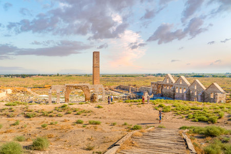 Sanliurfa, Turkey-September 12 2020: Ruins of the ancient city of Harran in mesopotamia  The first islamic university. Ruins of Ulu Cami (The Great Mosque)のeditorial素材