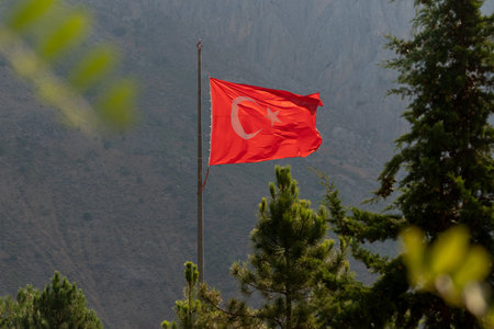 Huge Turkish flag waving between trees in Kemaliye or Egin, Erzincan ...