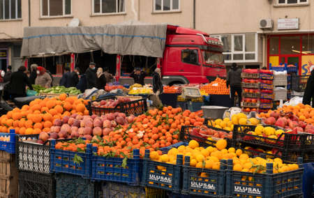 Emirdag, Turkey- January 26 2021:  Local market with different fruits and vegetables.の写真素材