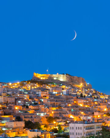 Mardin-Turkey, view of ancient mardin city at night. Mardin night landscapeのeditorial素材