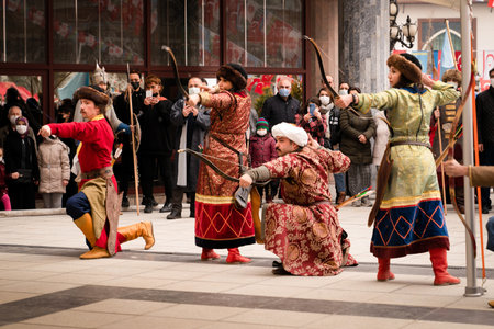 Ankara, Turkey - March 21 2021: Historical Turkish archers shooting arrows at the targetのeditorial素材
