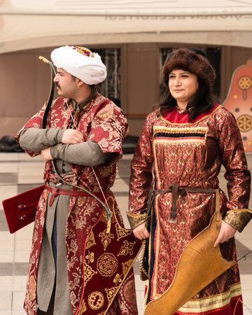 Ankara, Turkey - March 21 2021: Archer couple in old Turkish clothesのeditorial素材