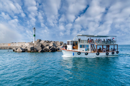 Amasra, Turkey- June 26 2021: Boat tours tourists.のeditorial素材